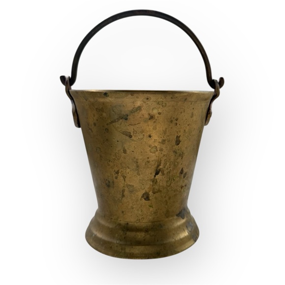 Vintage antique solid Brass Bucket with swinging Handle patina small